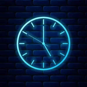 137551268-glowing-neon-clock-icon-isolated-on-brick-wall-background-time-symbol-vector-illustration