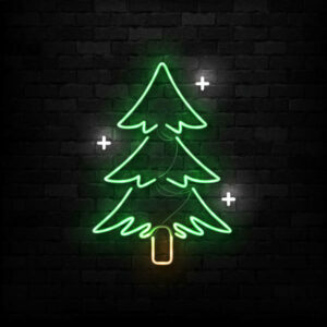 Vector realistic isolated neon sign of Christmas Tree logo for decoration and covering on the wall background. Concept of Merry Christmas and Happy New Year.