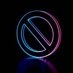 3d techno neon purple blue glowing outline wireframe symbol of circle ban sign isolated on black background with glossy reflection on floor